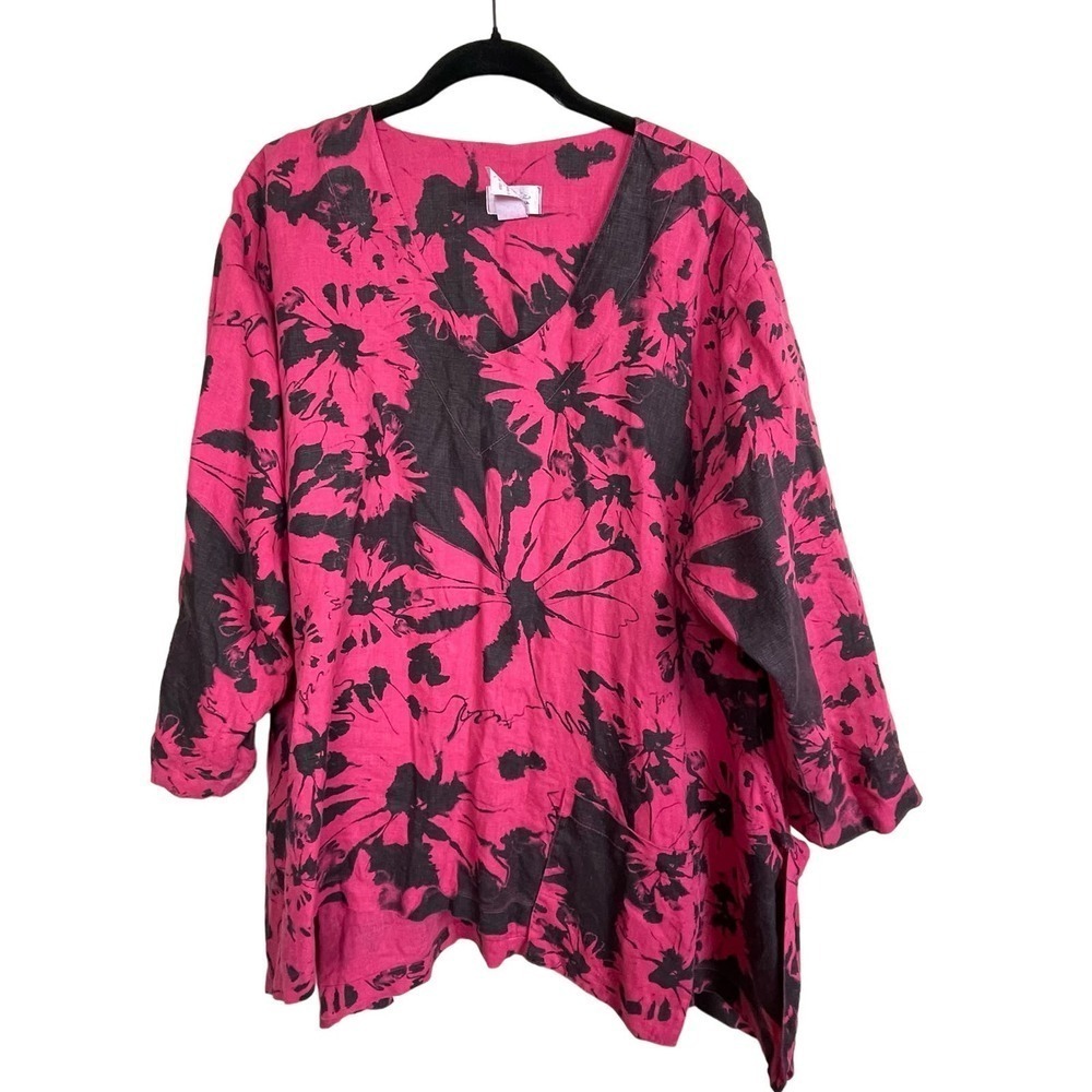 Mosaic USA Linen Lagenlook Top Asymmetrical Hem Red Black Floral Tunic Size L‎